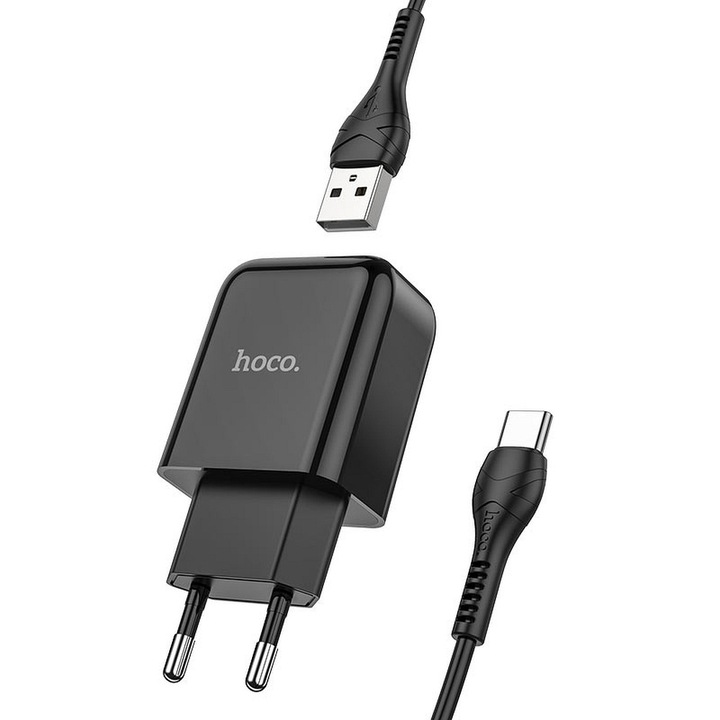 HOCO N2 Töltő - USB portos fekete hálózati töltőfej 2A + USB / Type-C (USB-C) adatkábel (1m)