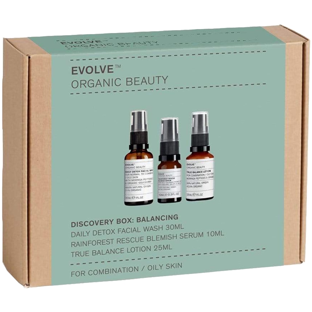 Set Evolve Organic Beauty Discovery Box Balancing 1 x Daily Detox Spuma de curatare 30 ml, 1 x Rainforest Rescue Ser de fata pentru acnee 10 ml, 1 x True Balance Lotiune de fata 25 ml