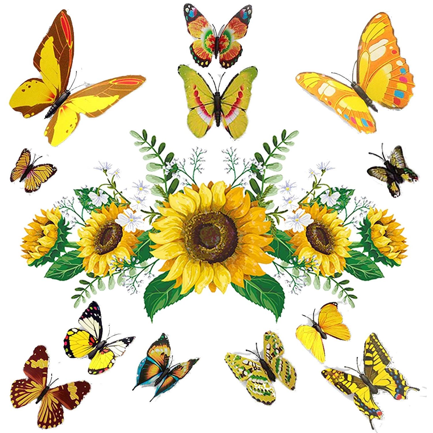 Set Stickere decorative 3D Floarea soarelui si 12 fluturi galbeni, 30x60cm, 2 bucati