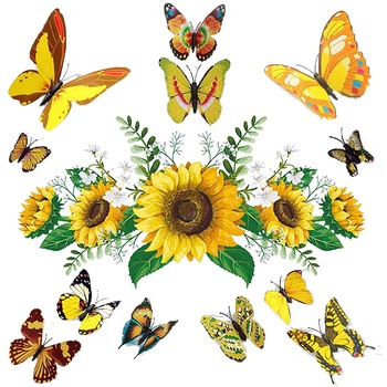 Set Stickere decorative 3D Floarea soarelui si 12 fluturi galbeni, 30x60cm, 2 bucati Set Stickere decorative 3D Floarea soarelui si 12 fluturi galbeni, 30x60cm, 2 bucati