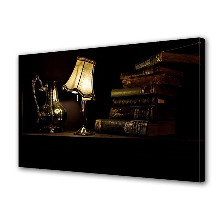 Tablou Canvas Premium, Art Star, Veioza aprinsa langa carti, Vintage, Panza pe cadru de lemn, Decoratiuni Moderne pentru Casa, 70 x 100 cm