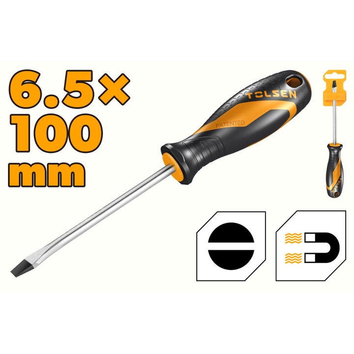 Surubelnita TOLSEN GRIPro Cr-V 6.5x100mm, varf crestat, magnetic, maner din 2 componente aderent, varf negru tratat pentru precizie si durabilitate