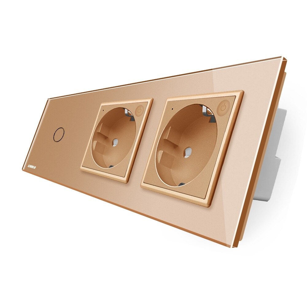 Intrerupator LIVOLO simplu ZigBee cu touch si 2 prize din sticla ZigBee, Auriu, Control de pe telefon
