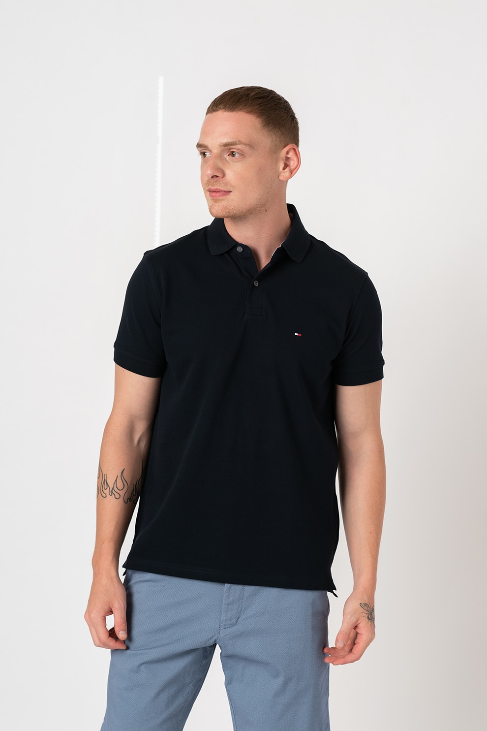 Tommy Hilfiger, Tricou polo din amestec de bumbac organic si material pique, Bleumarin inchis