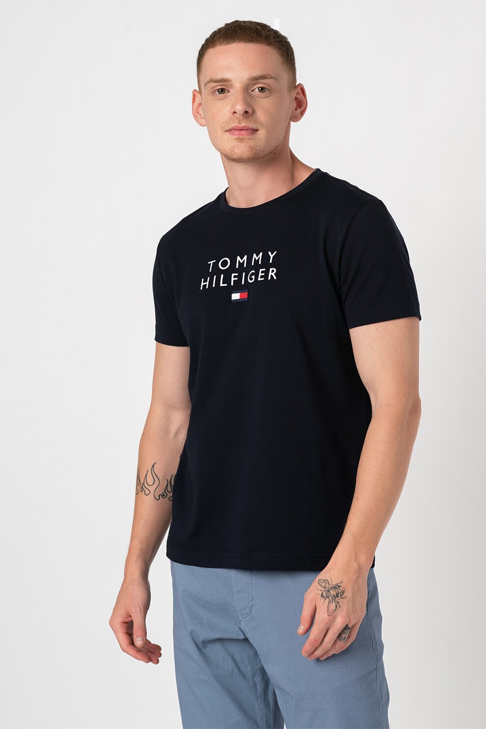 Tommy Hilfiger, Tricou din bumbac organic cu imprimeu logo, bleumarin inchis, alb