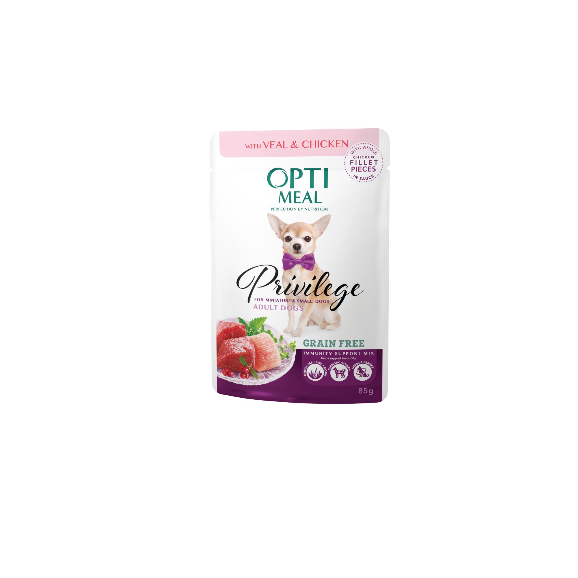 Hrana umeda Optimeal Privilege Grain free caini de talie mica si foarte mica - Vita si file de pui in sos, 12x0,085 кг