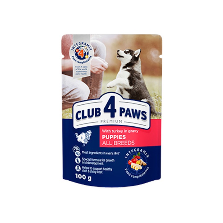 Hrana umeda completa Club 4 Paws Premium pentru catei- Curcan in sos , 24x100g