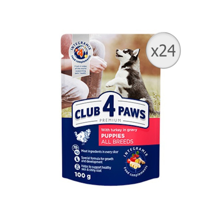 Мокра храна за кучета Club 4 Paws Premium, Junior, Пуешко в сос, 24x100 гр