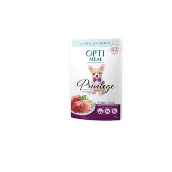Hrana umeda Optimeal Privilege Grain free catei de talie mica si foarte mica - Vita si file de pui in sos, 12x0,085 kg Hrana umeda Optimeal Privilege Grain free catei de talie mica si foarte mica - Vita si file de pui in sos, 12x0,085 kg