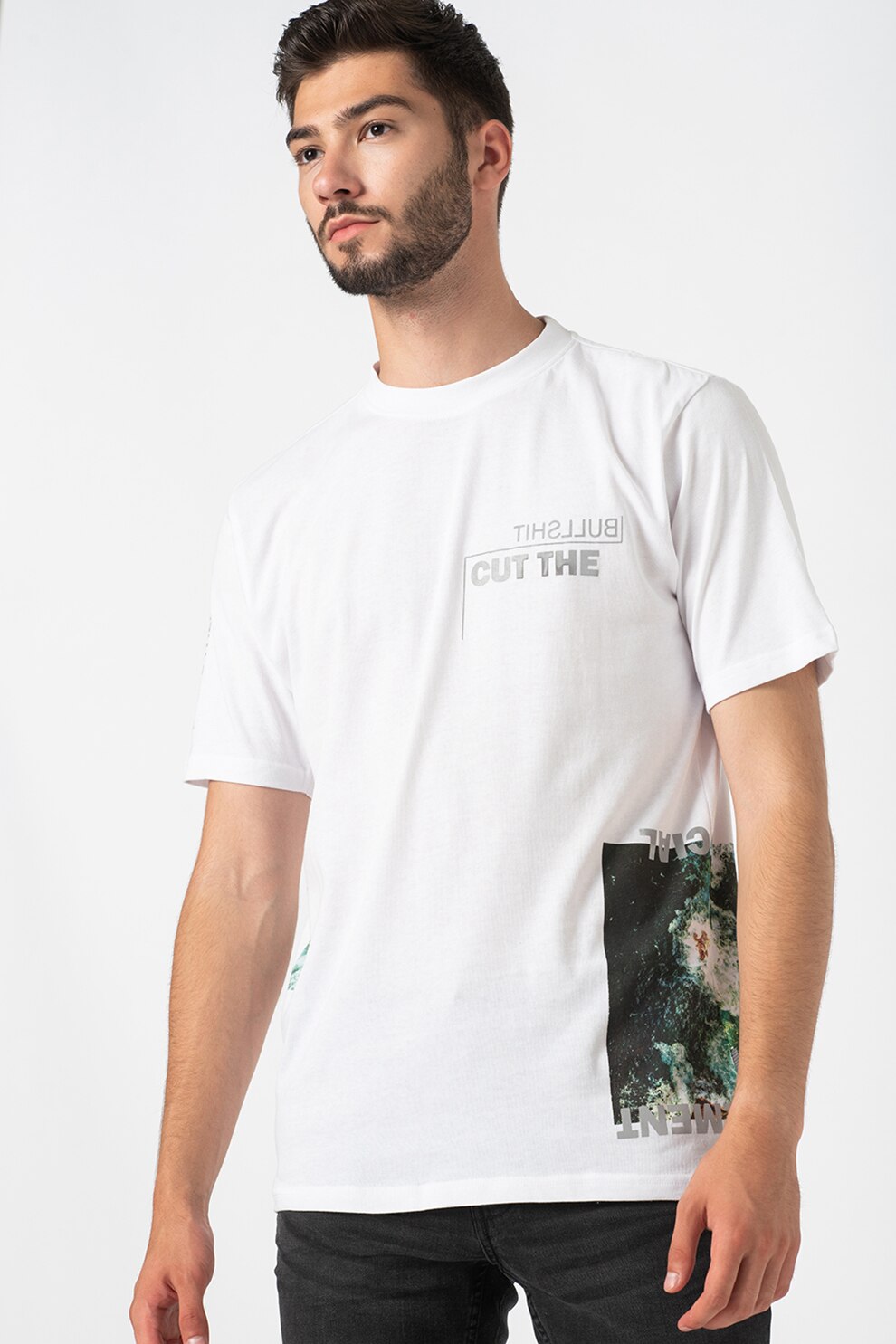 !Solid, Tricou de bumbac cu imprimeu text si grafic Philip, Alb/Argintiu