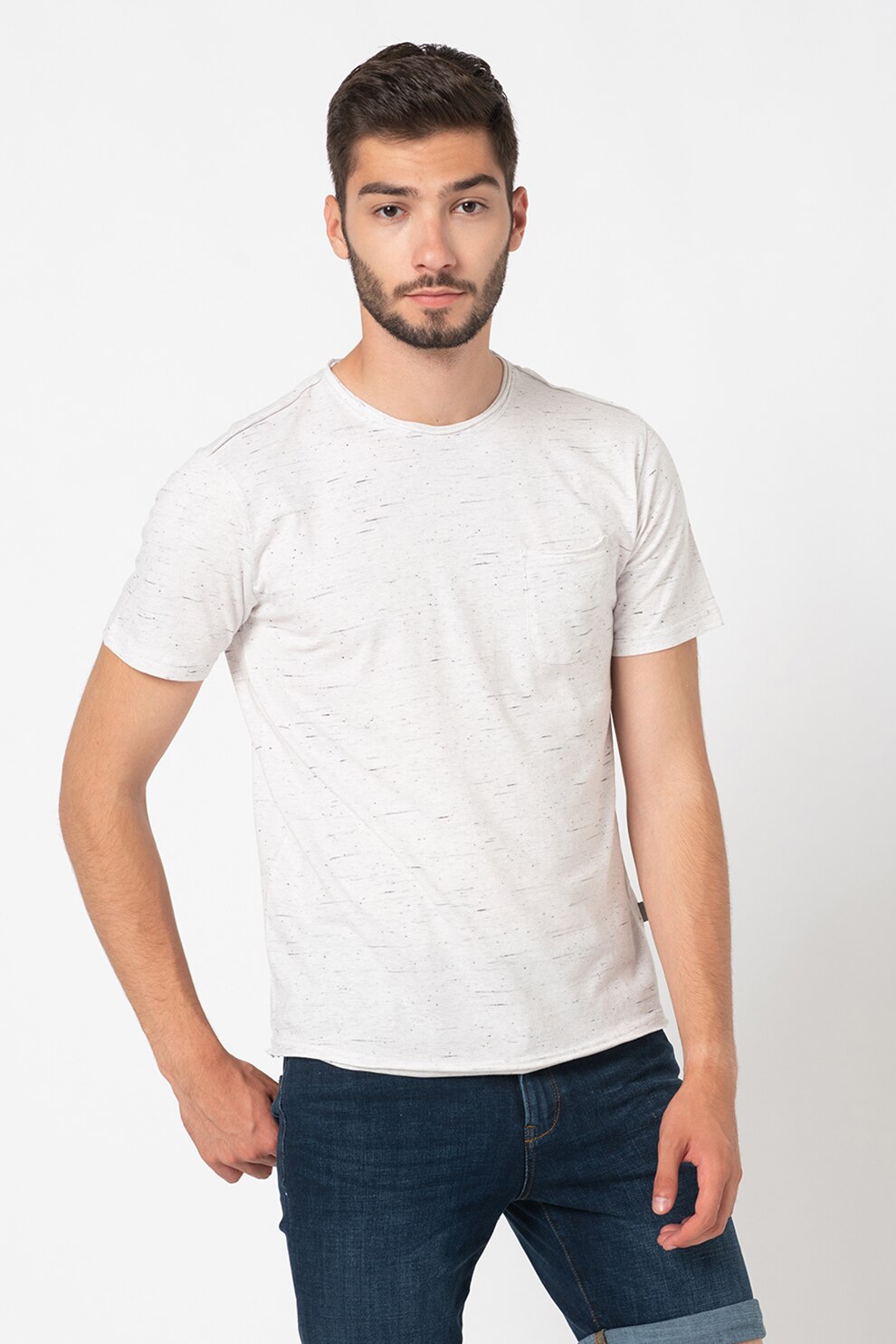 !Solid, Tricou de bumbac cu buzunar frontal Renat, Alb melanj