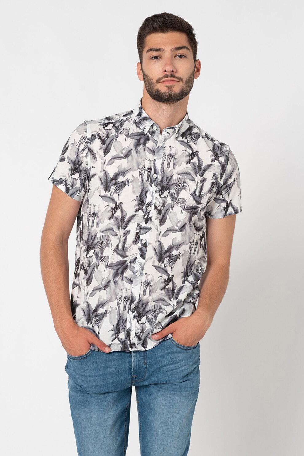 !Solid, Camasa cu imprimeu tropical Sylvester, Alb/Gri inchis