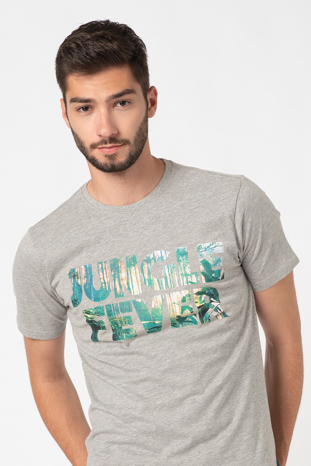 !Solid, Tricou cu imprimeu grafic si text Scotty, Gri melange/Verde/Galben