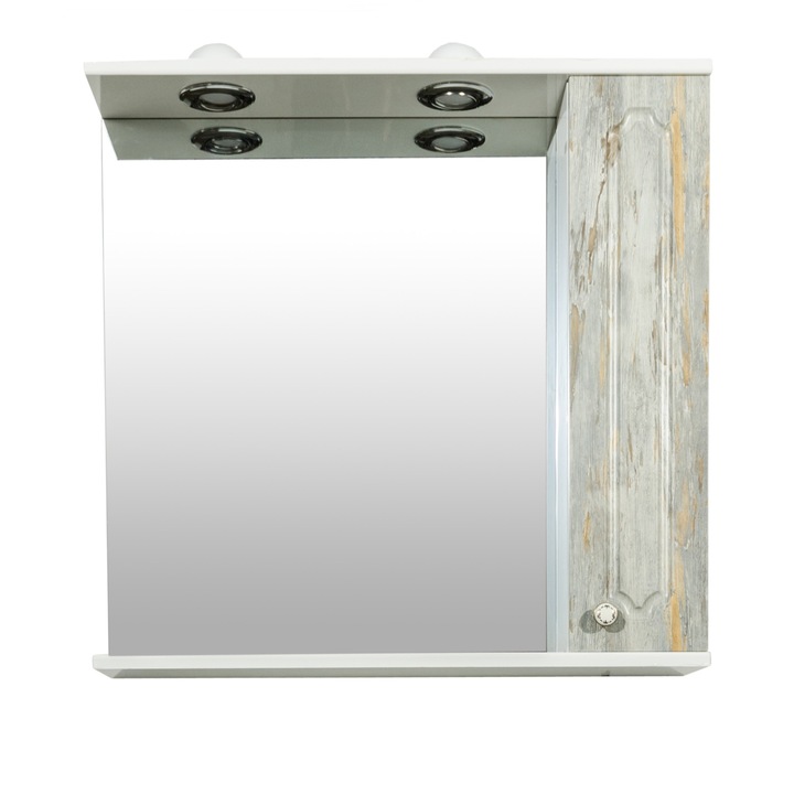 Oglinda baie cu un dulap Malaga, 70 x 70 x 16 cm, efect lemn invechit, iluminare LED