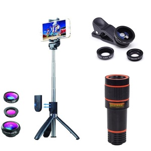 Set Selfie Stick Tripod cu lentile 3in1 si telecomanda, Suport pentru Telefon, Trepied Reglabil cu Bluetooth si Telecomanda Detasabila, Teleobiectiv 12x