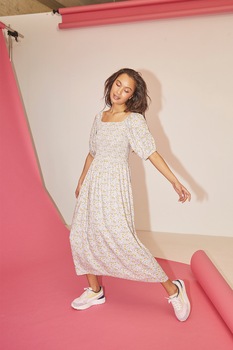 Sisters Point, Rochie cu imprimeu floral si decolteu patrat Imia, Alb/Oranj pal/Lila Sisters Point, Rochie cu imprimeu floral si decolteu patrat Imia, Alb/Oranj pal/Lila