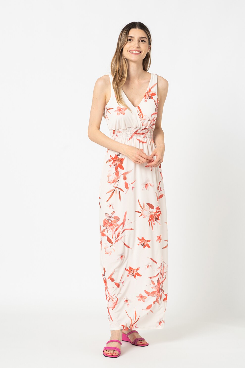Sisters Point, Rochie maxi cu imprimeu tropical Glippi, Alb/Rosu