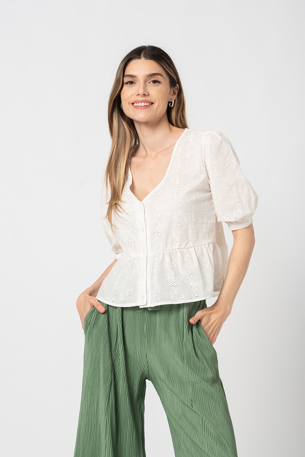 Haily's, Camasa cu decolteu in V si peplum Emmi, Alb