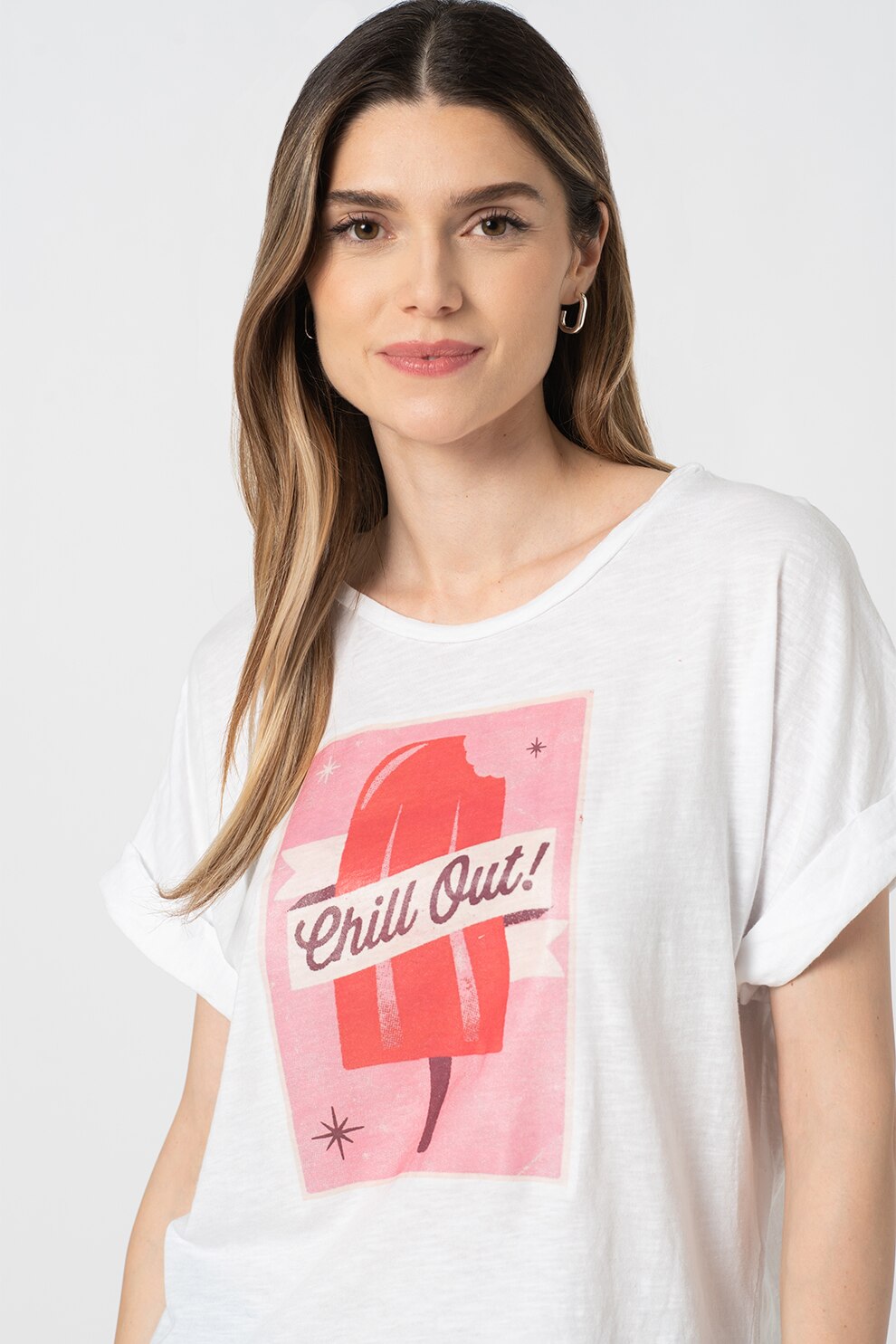 Haily's, Tricou cu decolteu la baza gatului si imprimeu Ruby, Alb/Rosu/Roz