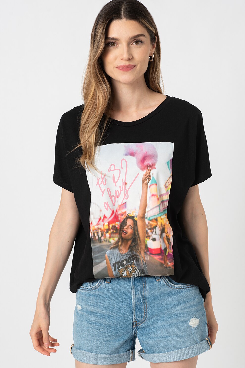 Haily's, Tricou cu decolteu rotund si imprimeu grafic Lia, Negru/Roz, XS