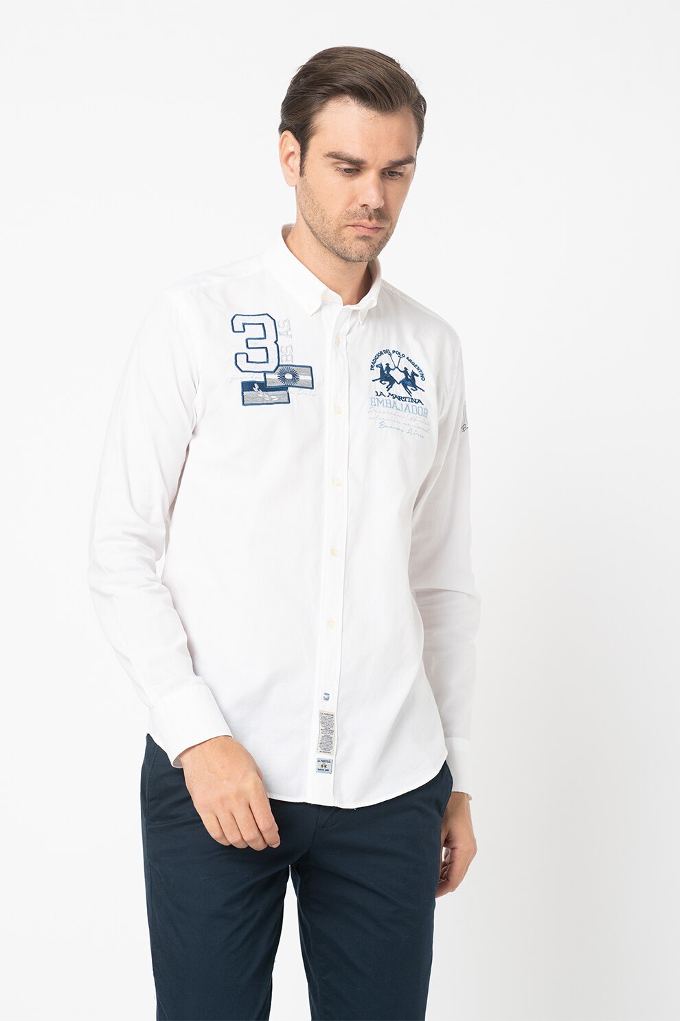 LA MARTINA, Camasa regular fit cu logo brodat, Alb/Albastru inchis