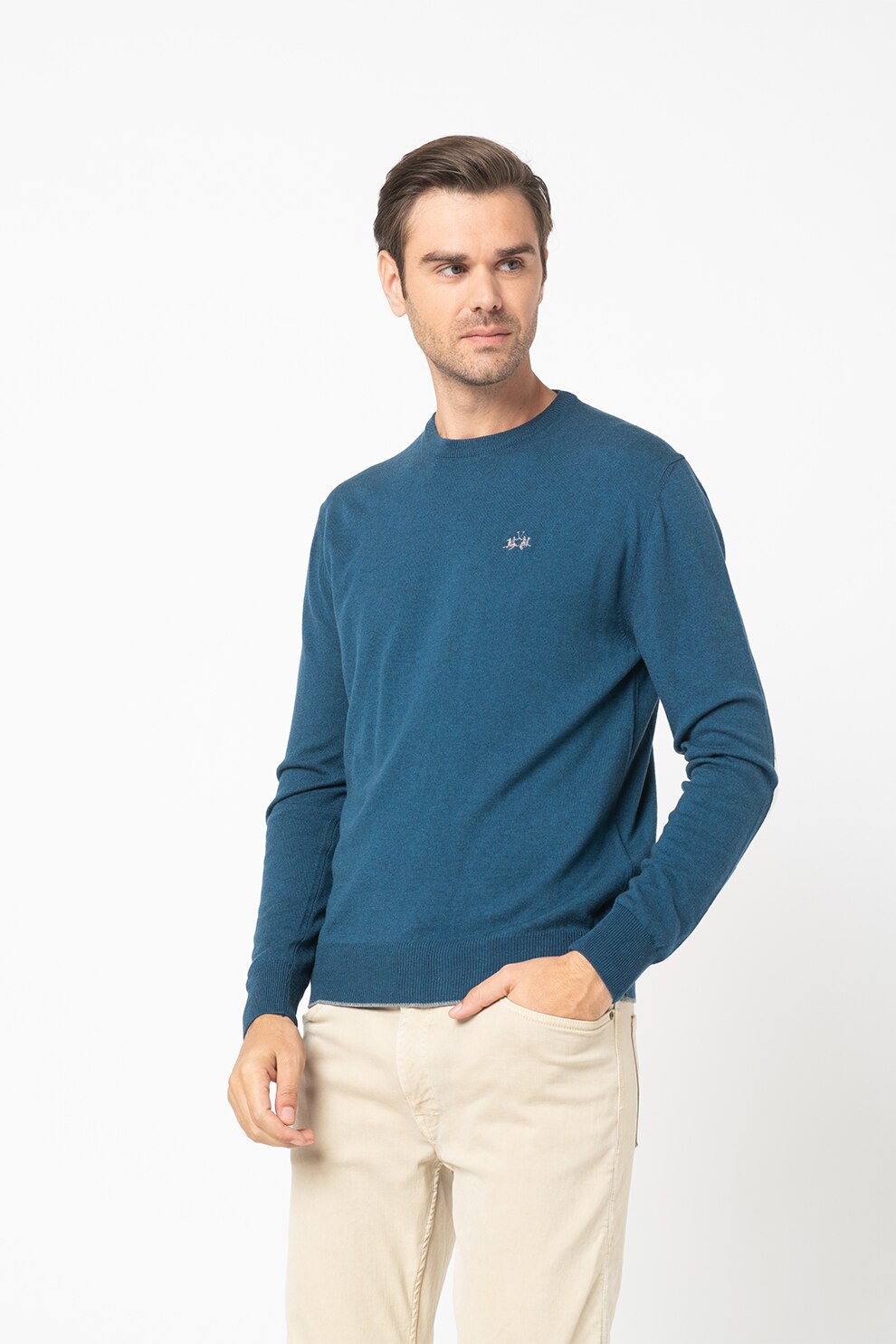 LA MARTINA, Pulover din amestec de lana cu decolteu la baza gatului, Bleumarin