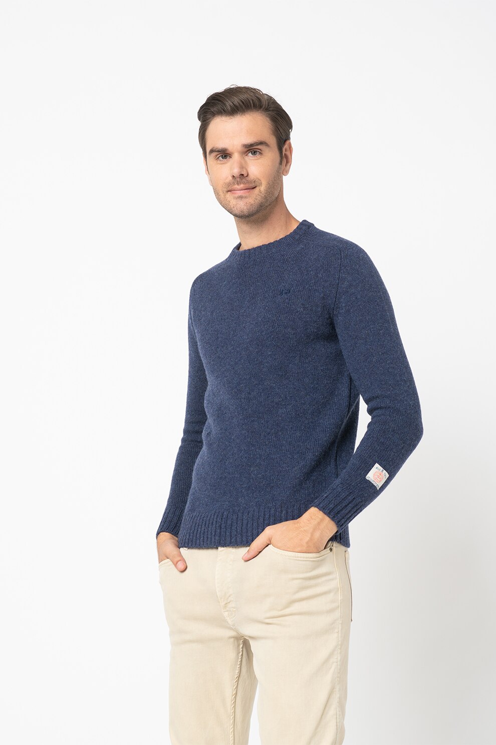 LA MARTINA, Pulover din lana cu decolteu la baza gatului Shetland, Albastru inchis