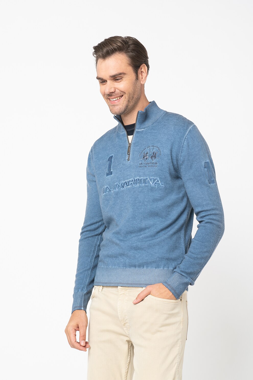 LA MARTINA, Pulover din amestec de lana cu fenta cu fermoar, Albastru prafuit