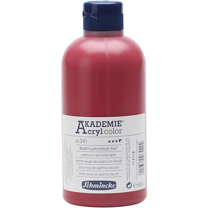 Schmincke AKADEMIE® akrilfesték, Mély kadmiumvörös (341), Részben áttetsző, 500 ml