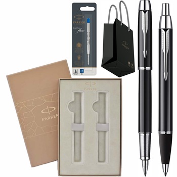 Set Parker Personalizat prin Gravura Stilou Pix IM Standard Black CT cu rezerva mina pix in cutie Premium Duo si punga Set Parker Personalizat prin Gravura Stilou Pix IM Standard Black CT cu rezerva mina pix in cutie Premium Duo si punga