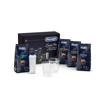 Cafea boabe Delonghi Essential Pack ,set degustare 2 pahare cappuccino, 4x250 gr cafea si un filtru apa Cafea boabe Delonghi Essential Pack ,set degustare 2 pahare cappuccino, 4x250 gr cafea si un filtru apa