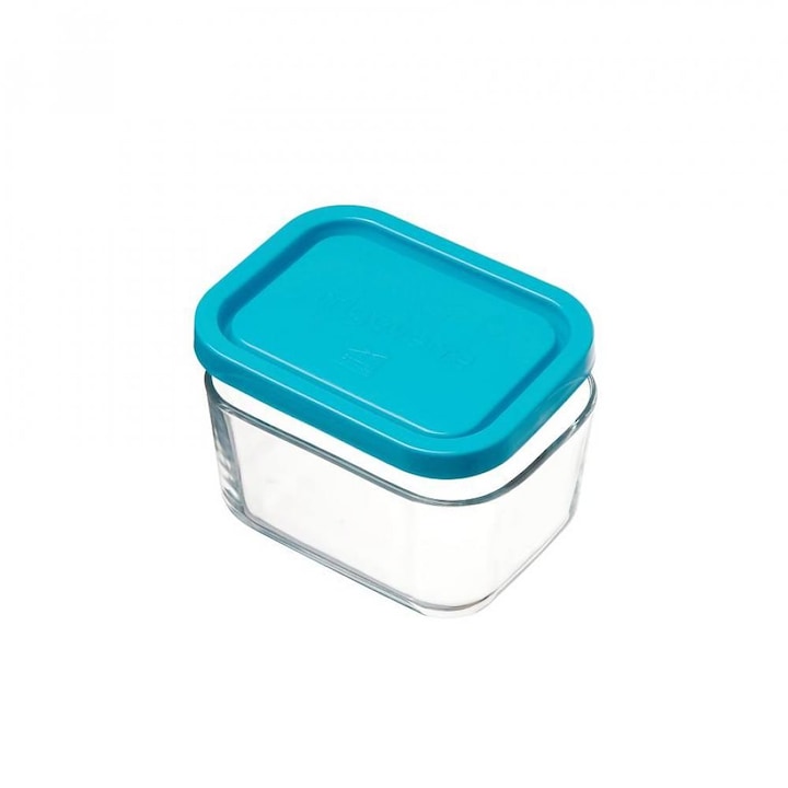 Caserola dreptunghiulara Bormioli Rocco, FRIGOVERRE SYSTEM, Sticla, Transparent/Albastru, 0.2 l