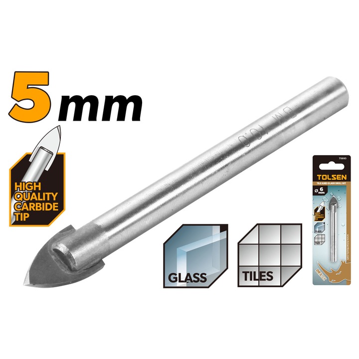 Burghiu sticla si ceramica TOLSEN 5 mm, varf carbura, tija otel carbon #45, finisaj sablat, pentru gaurire precisa, uz profesional