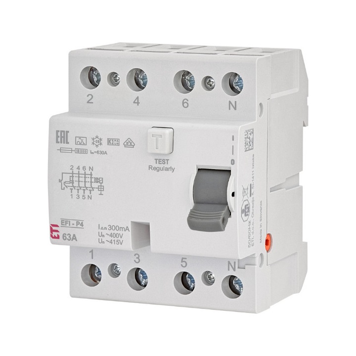 Siguranta automata diferentiala 3P+N 63A/300mA, tip A, 10kA, ETI 002061533