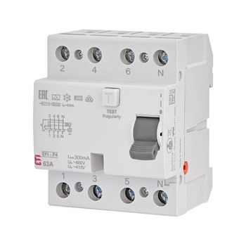 Siguranta automata diferentiala 3P+N 63A/300mA, tip A, 10kA, ETI 002061533 Siguranta automata diferentiala 3P+N 63A/300mA, tip A, 10kA, ETI 002061533