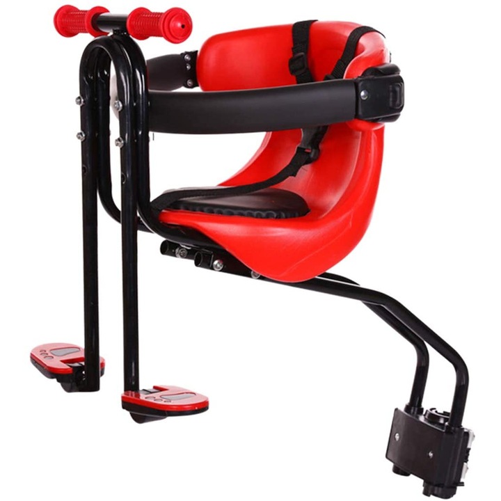 IDEAS4COMFORT Gyermekkerékpár ülés vízszintes első lökhárítóval, biztonsági övekkel, maximális terhelhetőség 20 kg, lábtartó, piros