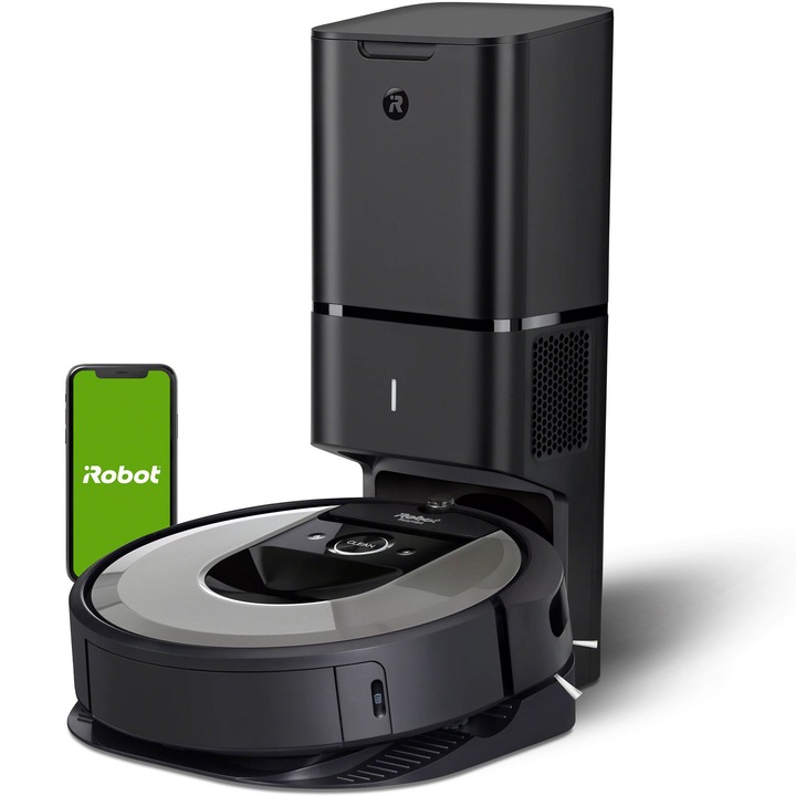 Robot aspirator iRobot Roomba i7+ (i7556), Li-ion, Consum 26Wh, Putere 10x, 10 Harti, Bariere virtuale, Golire automata gunoi, WiFi, Alexa&Google, 3-Stage Cleaning System, Senzori scari , Sistem aspirare mecanic+vacuum cu 2, Gri deschis