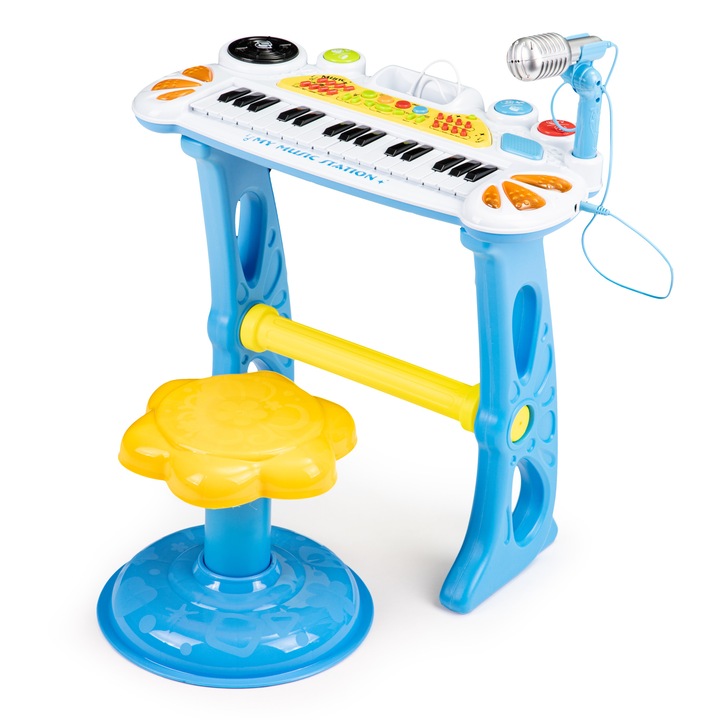 idealStore Blue Singer Elektromos orgona mikrofonnal, Előre beállított dalok, MP3, Karaoke, Felvételi lehetőség, 31 Billentyű, Kényelmes ülés, Mikrofon
