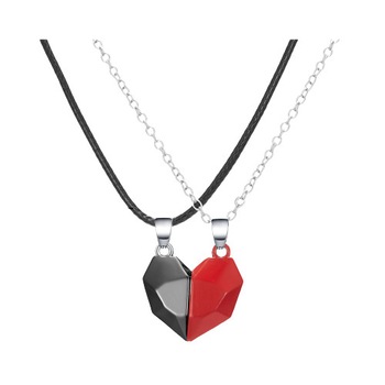 Set de doua lantisoare cu pandantiv in forma de inima cu magnet pentru cuplu, prieteni, rosu si negru