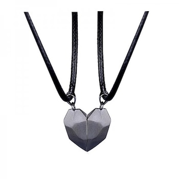 Set de doua lantisoare cu pandantiv in forma de inima cu magnet pentru cuplu, prieteni, negru