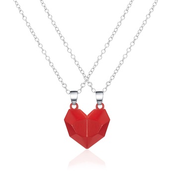 Set de doua lantisoare cu pandantiv in forma de inima cu magnet pentru cuplu, prieteni, otel inoxidabil, rosu