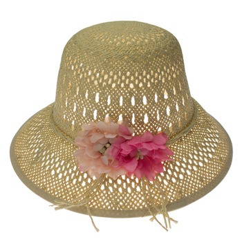 Palarie de soare, Dama, Buticcochet, din paie de hartie, Bej cu flori roz - PAL402 Palarie de soare, Dama, Buticcochet, din paie de hartie, Bej cu flori roz - PAL402