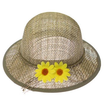 Palarie de soare, Dama, Buticcochet, din paie de papura, Bej cu flori galbene- PAL401 Palarie de soare, Dama, Buticcochet, din paie de papura, Bej cu flori galbene- PAL401