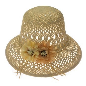 Palarie de soare, Dama, Buticcochet, din paie de hartie, Bej cu flori - PAL403 Palarie de soare, Dama, Buticcochet, din paie de hartie, Bej cu flori - PAL403