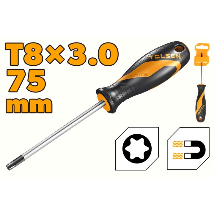 Surubelnita Cr-V T8 x 3.0 x 75 mm, Varf Magnetic, Maner GRIPro TOLSEN din 2 Componente, Prindere Antialunecare