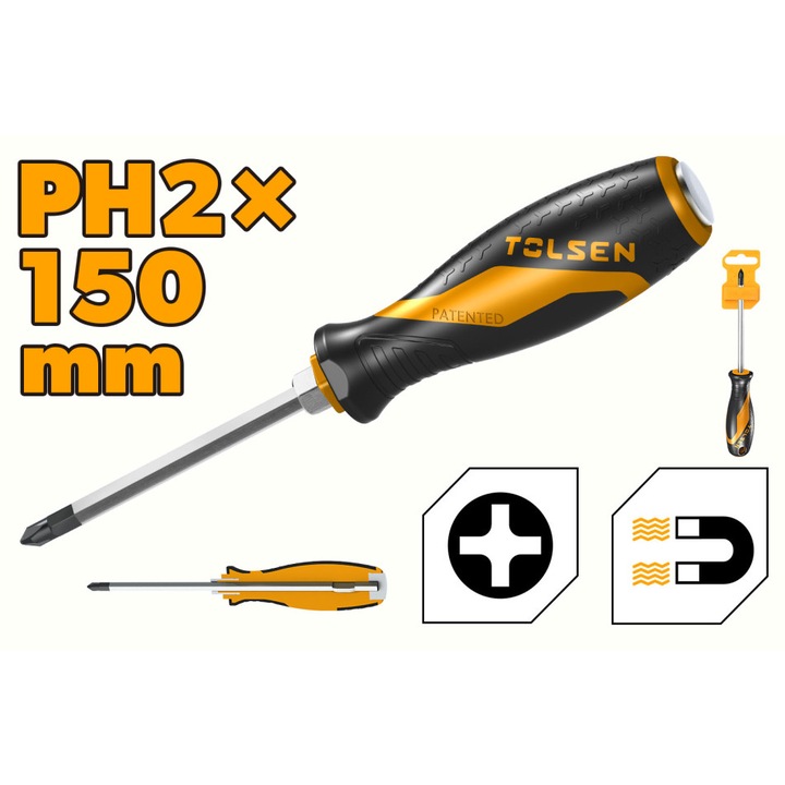 Surubelnita cu Cap de Impact Cr-V PH2 x 150 mm, Maner GRIPro TOLSEN din 2 Componente, Magnetic, Prindere Antialunecare
