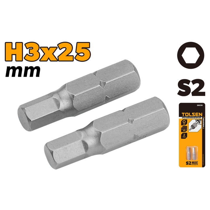 Set 2 varfuri surubelnita TOLSEN H3 x 25 mm, Otel S2 industrial calit, Finisaj satinat, Durabilitate crescuta, Pentru bit holder si masini de insurubat, Uz profesional