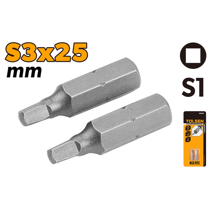 Set varfuri surubelnita TOLSEN 2 buc, S3x25 mm, otel S2 industrial, durabile si precise, calit si detensionat, uz profesional