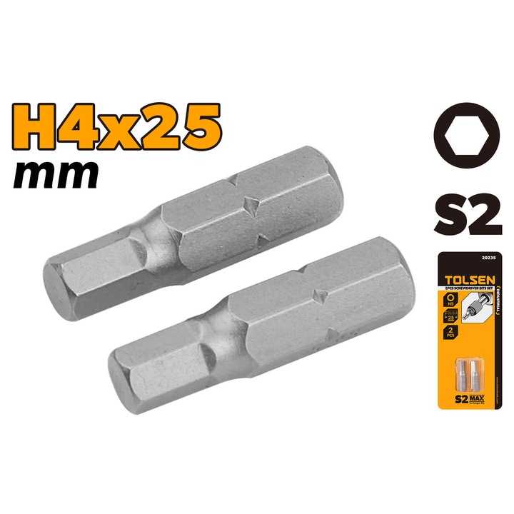 Set varfuri surubelnita TOLSEN 2 buc, H4x25 mm, otel S2 industrial calit si detensionat, finisaj satinat, rezistenta mare la torsiune, uz profesional