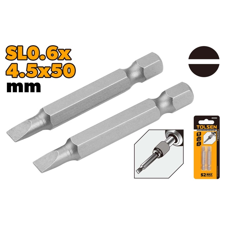 Set varfuri surubelnita TOLSEN 2 buc, SL 0.6x4.5x50 mm, otel S2 industrial, calit si detensionat, finisaj satinat, uz profesional